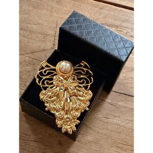 Vintage Jane Gold angel Brooch With Faux Pearl Ornate Floral Design 3 Inches Col